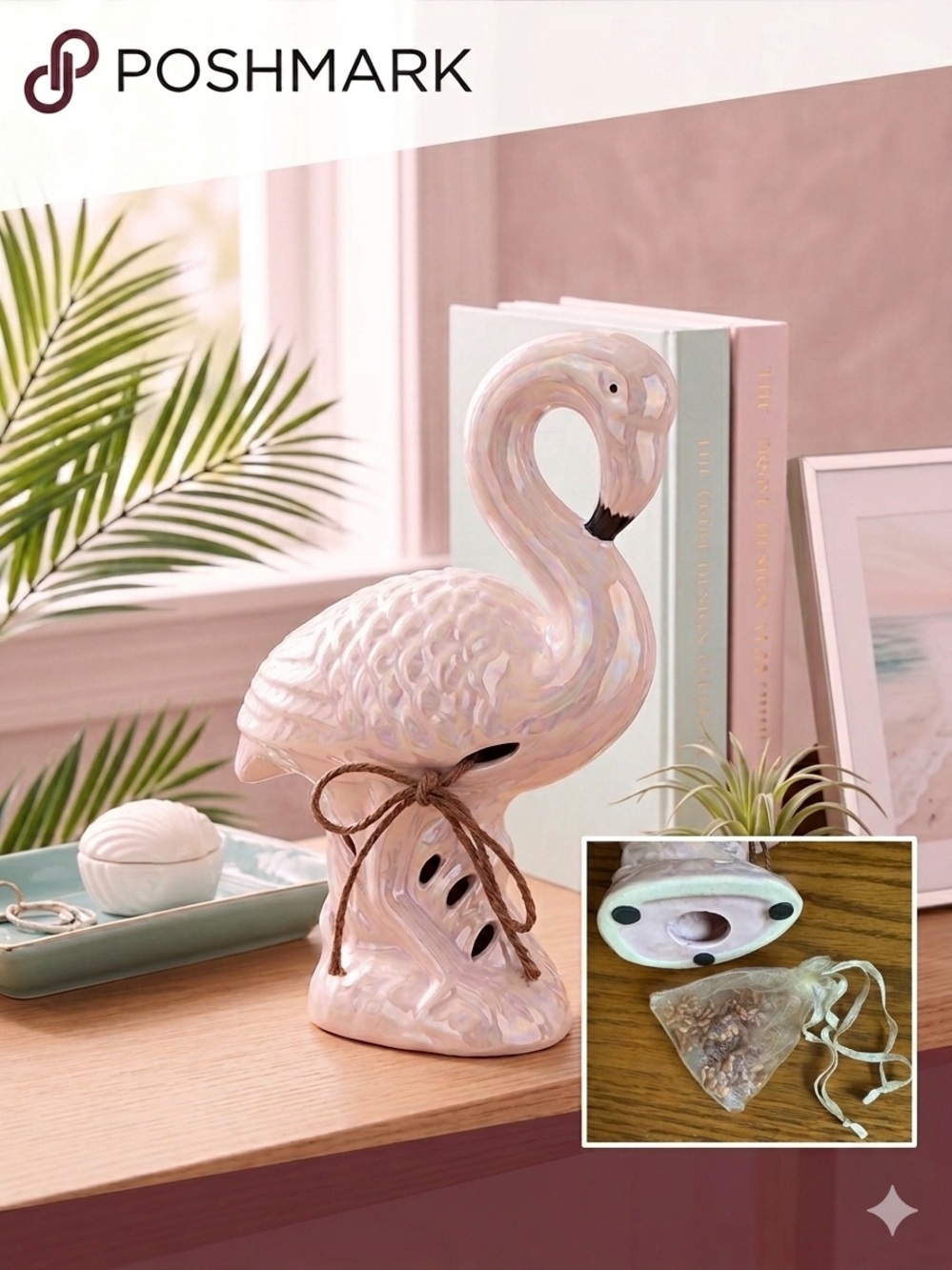 Vintage 90s Iridescent Ceramic Flamingo Figurine | Tropical Coastal Decor